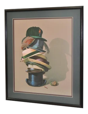 Lithograph of Stack of Hats with Snail and Profile in Shadow by G. Brown
