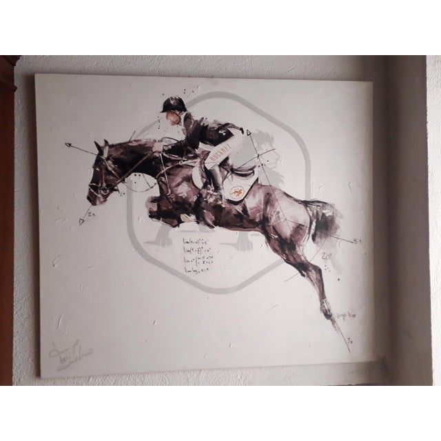 Beautiful oil painting on canvas depicting horse jumping over obstacles. Dimensions: 150 cm wide x 130 cm high.