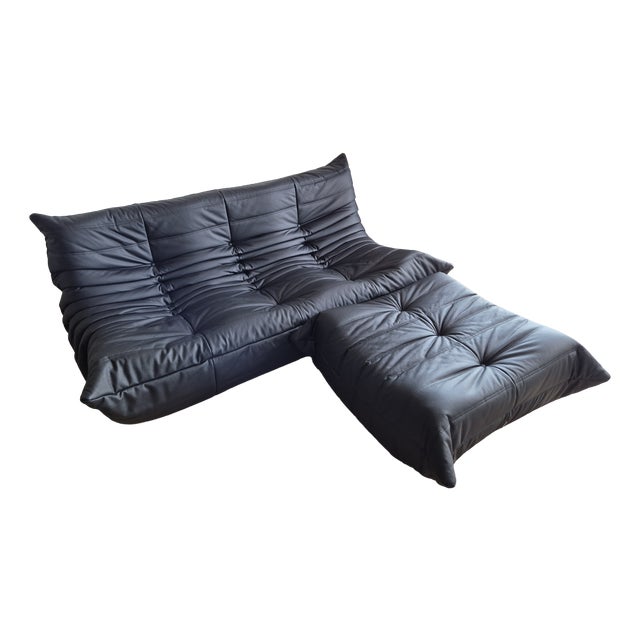 Togo Sofa with Pouf in Black Leather by Michel Ducaroy for Ligne Roset, Set of 2 For Sale