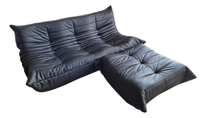 Togo Sofa with Pouf in Black Leather by Michel Ducaroy for Ligne Roset, Set of 2
