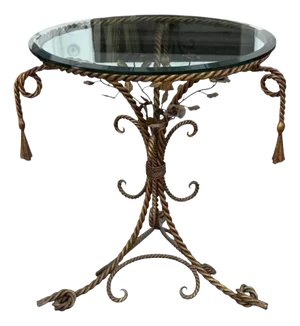 Italian Hollywood Regency Gold Gilt Iron Rope and Tassel Glass Top Side Table