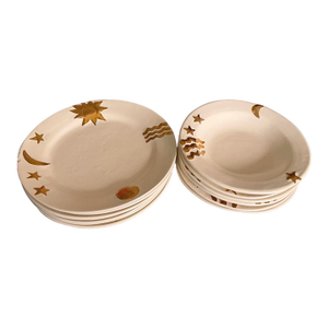 1980s Julie Sanders Cyclamen Pottery Celestial Gold Moon Stars Set of 6 Bowls & Plates (12 Pieces)