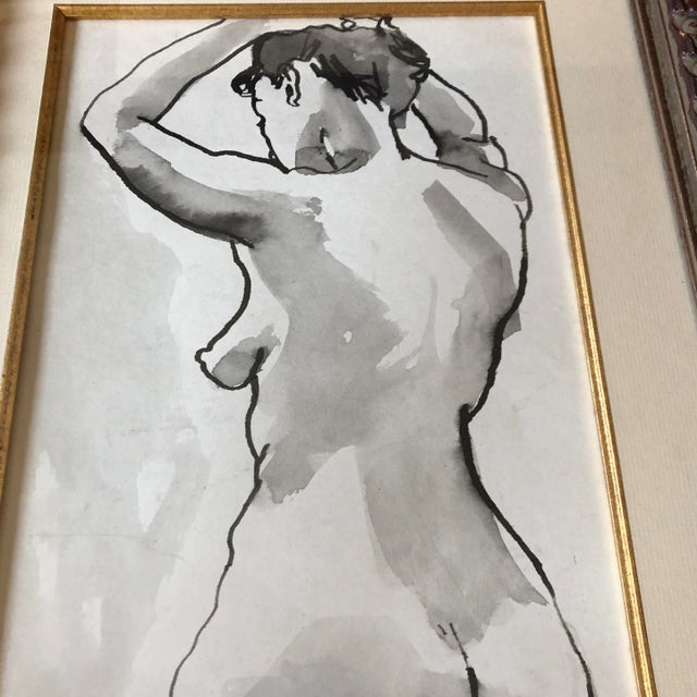 Figurative Original Vintage Female Nude Watercolor Painting Vintage Frame Signed 1970’s For Sale - Image 3 of 5