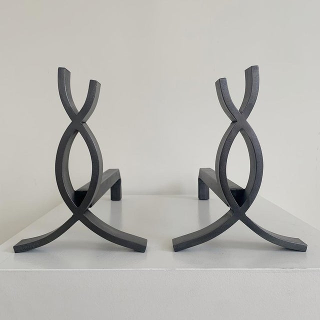 Mid-Century Modern Cast Iron Flame Andirons, France, 1950s, Set of 2 For Sale - Image 3 of 15