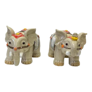 Pair Chinese Ceramic Clay Beige RuYi Ingot Decor Elephant Figures