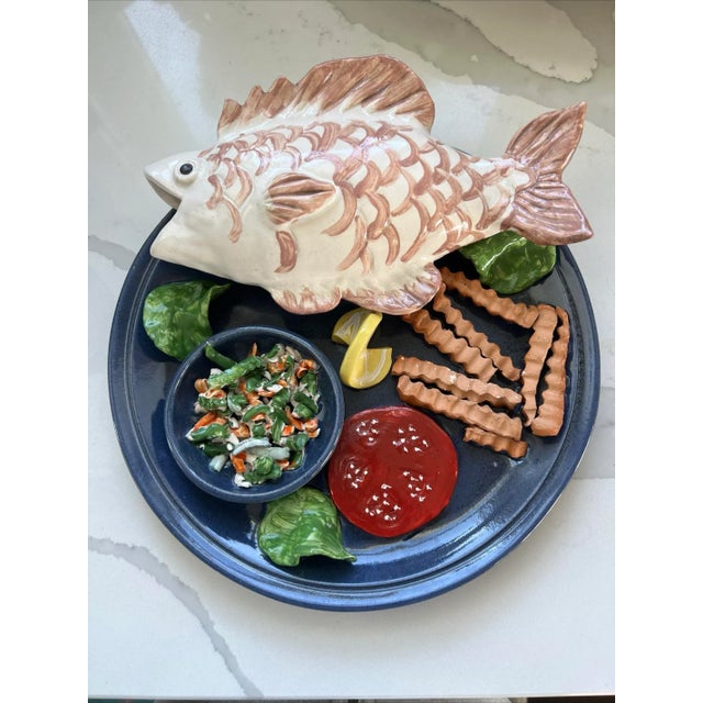 Ceramic Palissy Majolica Style Wall Plate Fish Dinner Studio Pottery For Sale - Image 7 of 9