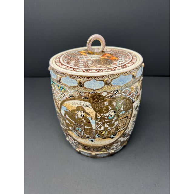 1900 - 1909 Antique Japanese Satsuma Lidded Biscuit Jar, Hand-Painted Gilt Moriage, Meiji c.1900 For Sale - Image 5 of 9