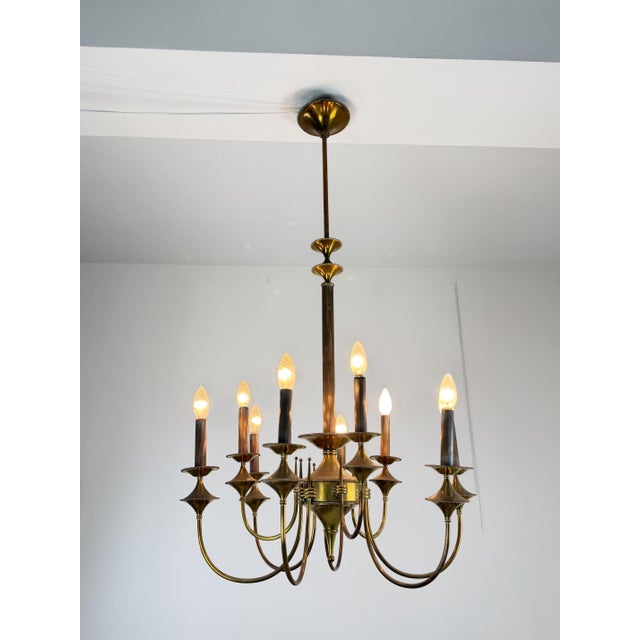Metal Art Deco Nine-Light Brass Chandelier, 1940s For Sale - Image 7 of 14