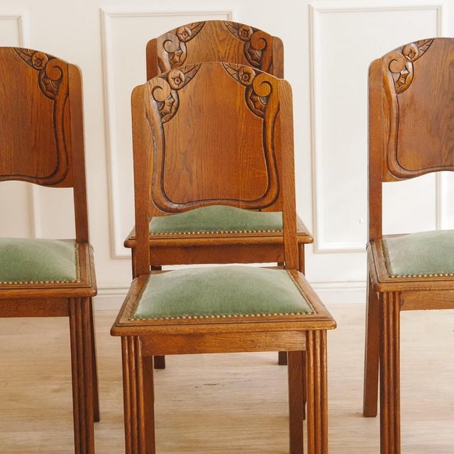 Brown Art Deco Chairs in Oak and Green Velvet, 1920s, Set of 4 For Sale - Image 8 of 11