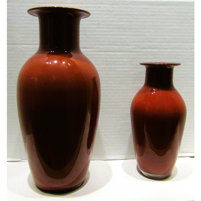 Contemporary Rare Pair Vintage Signed Borovier & Toso Oxblood Red Baluster Vases Circa 1970s For Sale - Image 3 of 8