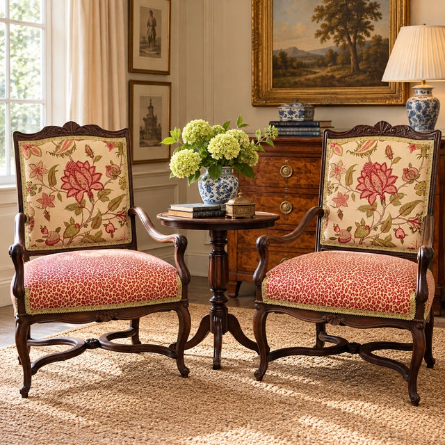 Pair of antique French Louis XV style carved walnut fauteuil armchairs, newly upholstered in a large-scale Jacobean Tree...