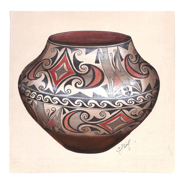 Acoma Pot Gouache Painting by Cj Wolf For Sale