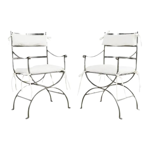 Pair of Neoclassical Style Steel Curule Garden Armchairs For Sale