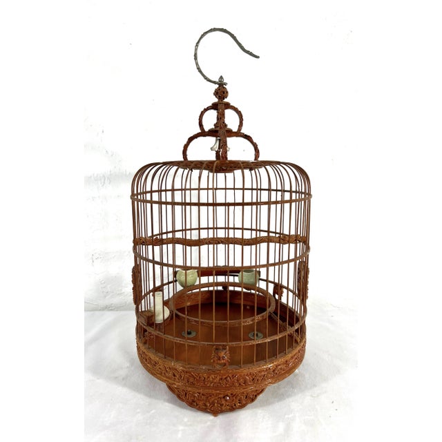 1980's Vintage Intricately Hand Made Bamboo Bird Cage With Celadon Feeders and Dragons For Sale - Image 4 of 11