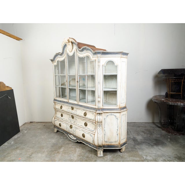 19th Century Large Rococo Style Painted Wood Dutch Cabinet with Glass Doors and Bombé Chest For Sale In Atlanta - Image 6 of 11