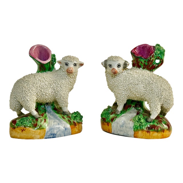 Staffordshire Vases Antique Sheep and Ram - A Pair For Sale