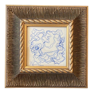 1980’s Original Small Wayne Cunningham Abstract Blue Ink Drawing Ornate Frame For Sale