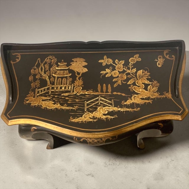 Italian Petite Hand Painted Gilt Chinoiserie on Black Lacquer Side Table Desk For Sale - Image 4 of 4