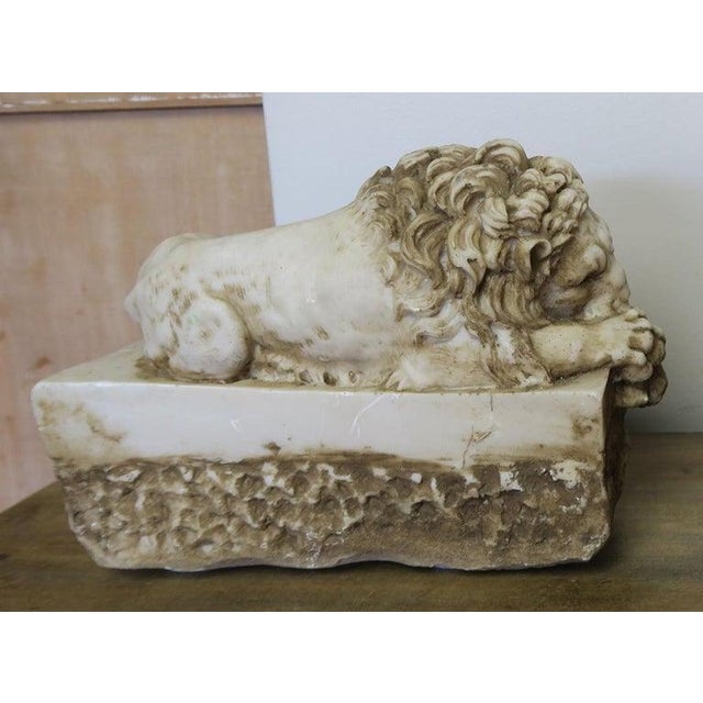 Almond Pair of Carved Stone Replica Lions Originally by Antonio Canova For Sale - Image 8 of 10