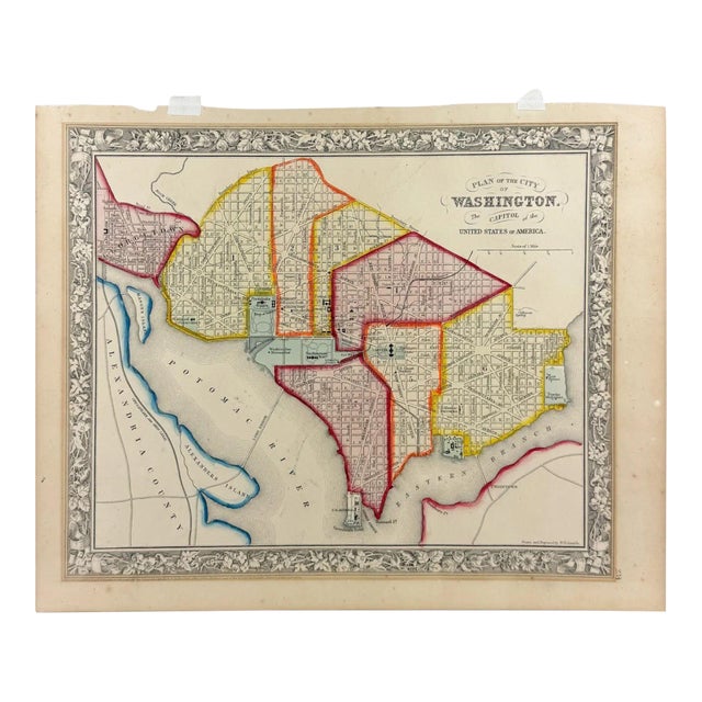 Antique, Hand Colored Map of Washington, Dc, 19thC For Sale