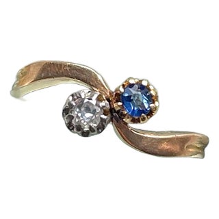 Victorian 18k Gold Sapphire Diamond Bypass Ring, Size 7 For Sale