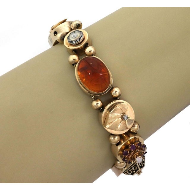 Mid 20th Century Diamond & Gems 10 Slide 14k Yellow Gold Charm Bracelet For Sale In Miami - Image 6 of 6