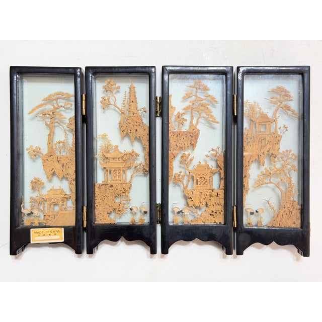 Mid 20th Century Chinese San You Cork Carving Four\-Panel Tabletop Screen** For Sale - Image 10 of 11