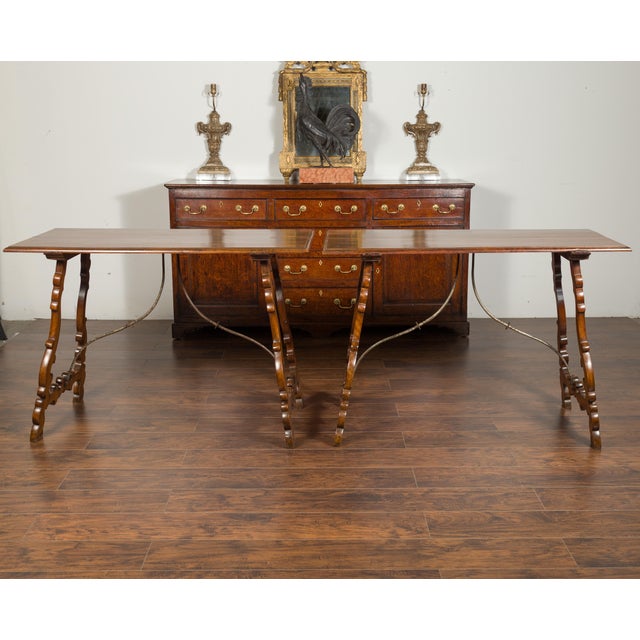 Pair of Spanish Baroque Style 1880s Walnut Console Tables with Iron Stretchers For Sale - Image 11 of 12