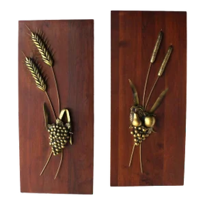 Non Matching Cast Metal Sculptures of Fruits Solid Walnut Mount Board - A Pair