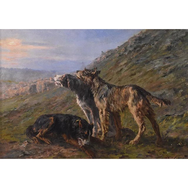 The category Antique Paintings Portraits of Dogs features an oil painting on canvas with three dogs resting near a flock...