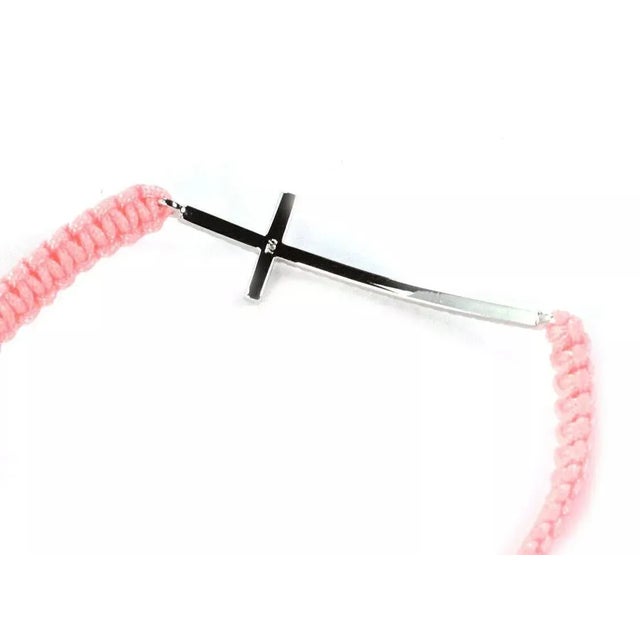 Contemporary Diamond 18k White Gold Sideway Cross Charm Braided Pink Cord Bracelet For Sale - Image 3 of 5