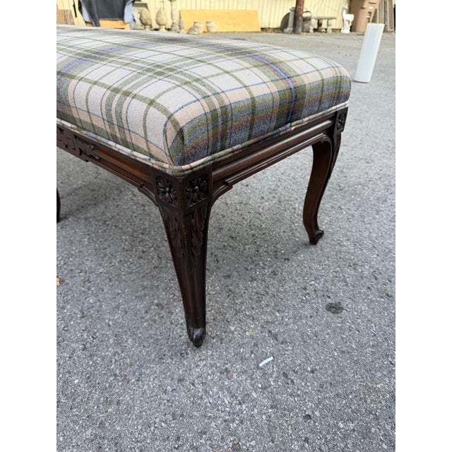 White Newly Upholstered Plaid French Bench For Sale - Image 8 of 11