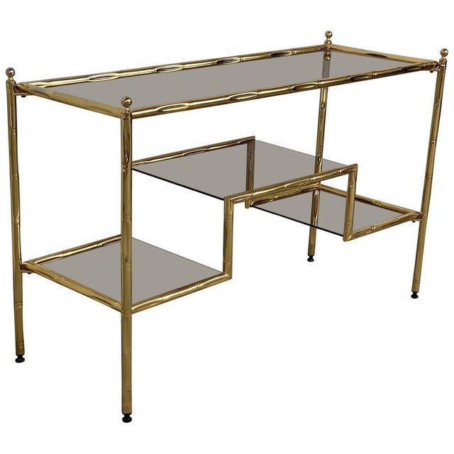 Mid-Century Modern Italian Faux Bamboo Gilt Metal Console With Smoked Glass For Sale - Image 13 of 13