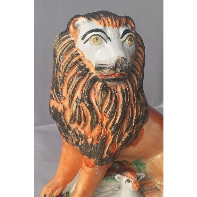 Orange 19th Century English Staffordshire Lions with Lambs - a Pair For Sale - Image 8 of 11