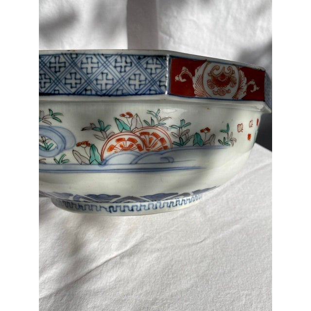 Large 19th Century Japanese Imari Octagonal Bowl With Karashishi & Landscape Panels For Sale - Image 13 of 18