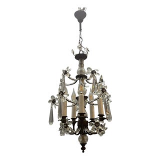 Crystal Beaded Bronze Flower Chandelier, 1950s For Sale