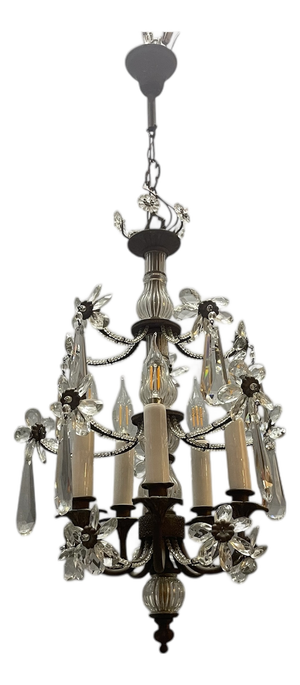 Crystal Beaded Bronze Flower Chandelier, 1950s