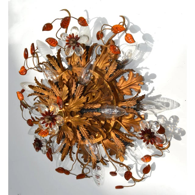 1960s Art Deco Maison Baguès 15 Lights Flush Mount Glass & Gilt Iron Ceiling Light For Sale - Image 5 of 13