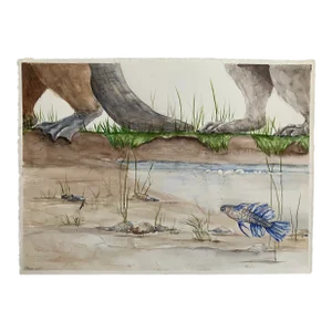 Animals and Fish at Watering Hole - Watercolor Book Illustration, 15x11