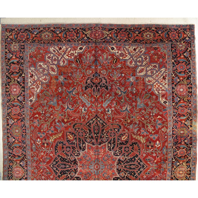 Antique Persian Heriz Carpet Handmade Wool Oriental Rug, Rust, Navy, Ivory, Gold For Sale - Image 9 of 18