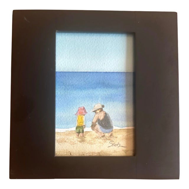 Signed Miniature Beach Coastal Scene Watercolor For Sale