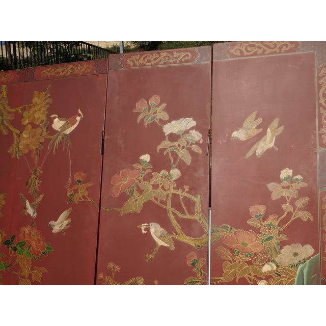 Wood Antique Oriental Asian Red Coromandel Six Panel Folding Screen Birds in Garden For Sale - Image 7 of 16