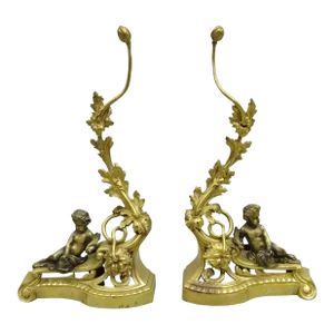 Antique French Louis XV Rococo Style Bronze Cherub Acanthus Leaf Andirons - Pair