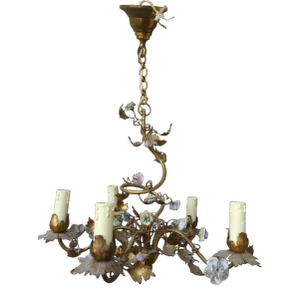 19thc French Louis XVI Floral Form/ Porcelain Saxe/ Ormolu Chandelier