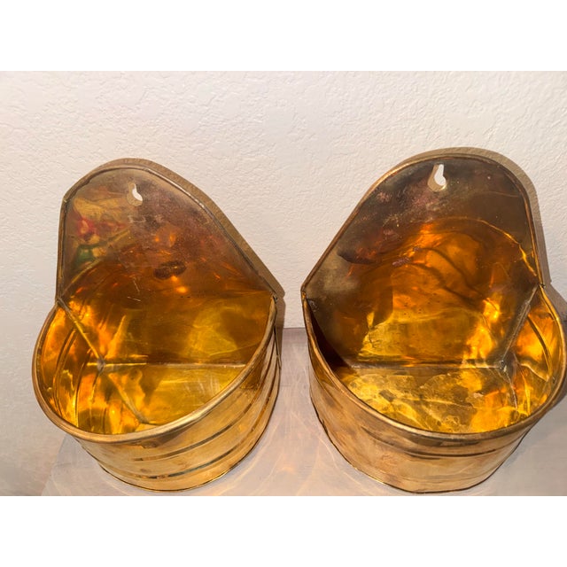 Mid-Century Modern Vintage Mid-Century Brass Wall Pocket Planters - A Pair For Sale - Image 3 of 7