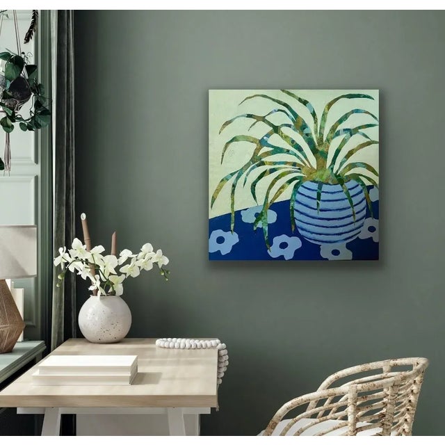 Light Green Spider Plant With Floral Tablecloth For Sale - Image 8 of 10