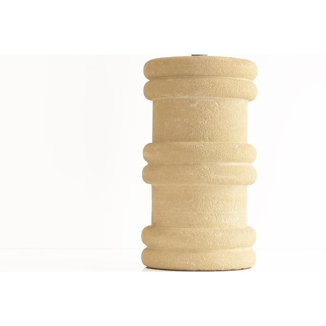 Cylindrical Table Lamp in Beige Hand-Carved Stone by Pierre-Albert Tormos, 1970s For Sale - Image 4 of 8