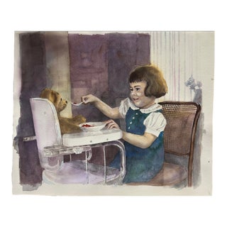 1960s Child Feeding Bear Original Watercolor Painting For Sale