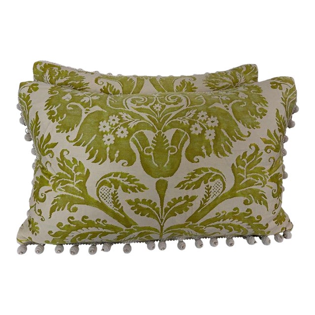 Pair of Mariano Fortuny Pillows - With Designer Pom-Pom Trim For Sale