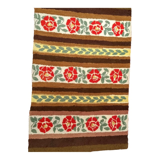 Vintage Hand-Hooked Rug, Banded Floral Pattern, American Folk Art, 3x4 For Sale